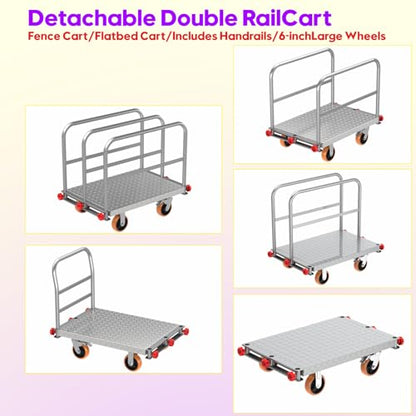40"x24" Drywall Cart & Lumber Panel Truck, 3000 lbs | 2mm steel platform truck, 4 handrails, 6" swivel brake wheels, dolly for plywood moving - size: 8.35*26.2*39.8IN