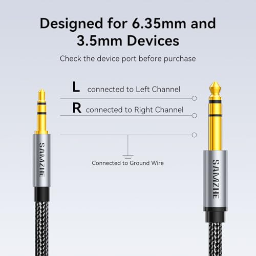 SAMZHE 1/8 to 1/4 Stereo Cable 3.5mm TRS to 6.35mm Audio Cable Guitar to Aux Male Cord with Alum Alloy Housing and Nylon Braid for Guitar, Laptop, Home Theater Devices, Speaker and Amplifiers 10FT - size: 10 FT