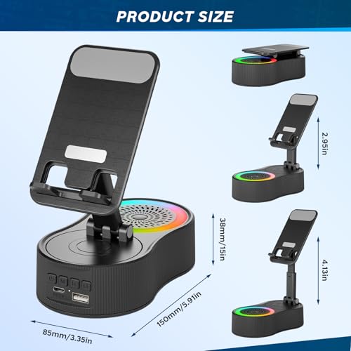 Cell Phone Stand with Bluetooth Speaker - Wireless Bluetooth Speaker with 360° Rotatable Phone Holder, Multifunctional Adjustable Stand with Charging Compatible with Tablet for Home Desk (Black) - color: Black