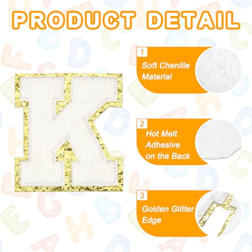 MECCANIXITY Chenille Letter Patches 3.1" Alphabet K Iron on Embroidered Patch Sew on Letter Stickers Applique for Repairing Clothing Jeans Shoes Hats DIY(White, Pack of 4) - style: Letter-K
