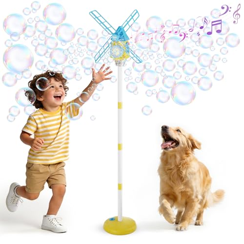 Belemar Windmill Bubble Machine Toys for Kids & Boys, Standing Bubble Blower with Lights & Music, 51" Adjustable Height, 130ml Tank, Bubble Solution Included, Outdoor Toy for Parties & Birthdays - color: Blue