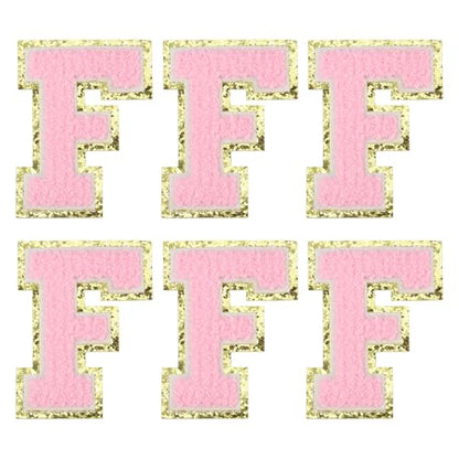 MECCANIXITY Chenille Letter Patches 3.1" Alphabet F Iron on Embroidered Patch Sew on Letter Stickers Applique for Repairing Clothing Jeans Shoes Hats DIY(Pink, Pack of 6) - style: Letter-F