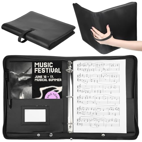 Sheet Music Folders Choir Binder, 13" x 10.5" Piano Music Sheet Holder Storage Fits Letter Size 3 Ring PU Leather Choral Musics Folder with Hand Strap for Guitar, Orchestra, Band