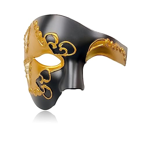 Erythem Masquerade Mask for Men Phantom of The Opera Half Face Mask Venetian Phantom Mask for Halloween Costume Party - color: Black Gold