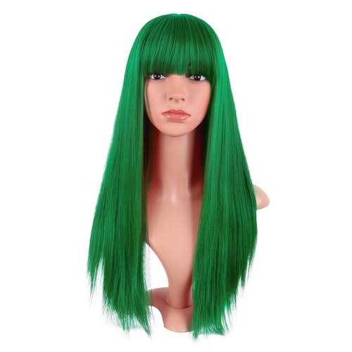 MapofBeauty 24 Inch Long Straight Flat Bangs Party Cosplay Wig, Grass Green | 60 cm Synthetic Hair Wig, Heat Resistant, Women - color: Grass Green