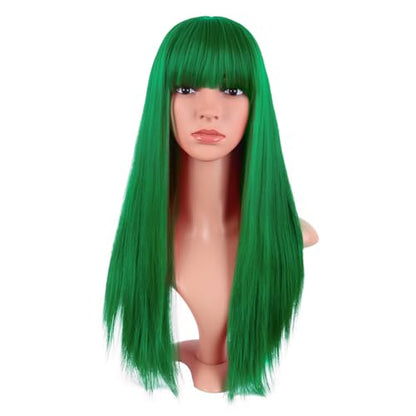 MapofBeauty 24 Inch Long Straight Flat Bangs Party Cosplay Wig, Grass Green | 60 cm Synthetic Hair Wig, Heat Resistant, Women - color: Grass Green