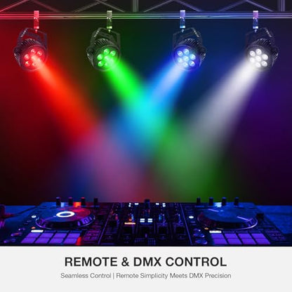 70W 7LED RGBWA DMX Stage Par Lights by Remote Control | Auto Play Sound Activated, Uplights for Wedding Church Christmas Club Bands Mobile DJ Events Party