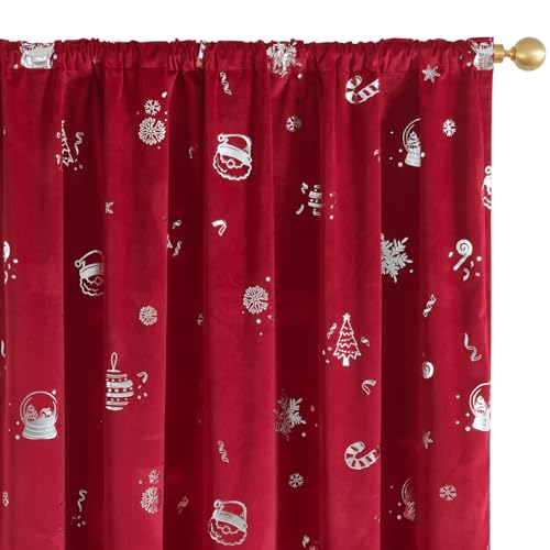 Lazzzy Christmas Curtains Velvet 96 Inch Length Thermal Insulated Silver Foil Print Drapes for Bedroom Living Room Darkening Window Treatments Rod Pocket Curtains, 2 Panels - color: Foil Silver/Red, size: 52"W x 96"L (Pack of 2)