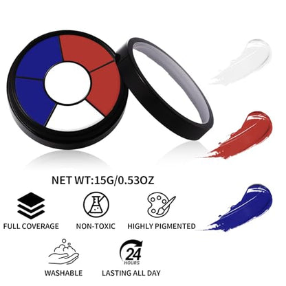 BOBISUKA Red White Blue Cream Face & Body Paint Palette Kit with 3 Brushes 3 Sponges, Highly Pigmented Easy to Blend Long Lasting Makeup for Patriotic Pride, 4th of July, USA Flag, Independence Day - color: 08 4th of July