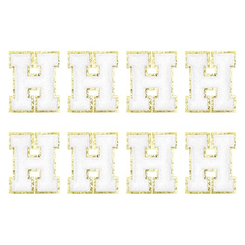 MECCANIXITY Chenille Letter Patches 2.2" Self Adhesive Alphabet H Stick on Embroidered Patch Sew on Letter Stickers Applique for Repairing Clothing Jeans Shoes Hats DIY(White, Pack of 8) - style: Letter H