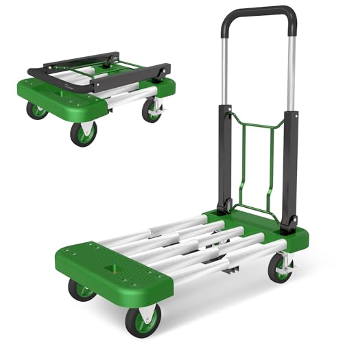 WarmyouHaul Pro Folding Hand Truck, 441LBS Capacity, Adjustable Platform (24-30") & Handle (28-35") 4" Rubber Wheels with 360° Swivel & Parking Brake, for Moving, Commercial, Apartment , Warehouse Use - color: Dill Green