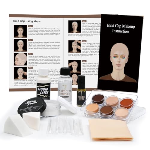 Bald Cap Halloween Makeup Kit for Men & Woman, Complete Bald Cap Costume Character Set , SFX Makeup Kit, Professional Realistic Bald Cap Kits for Halloween Cosplay Make Up, Dress Up, Stage, Theater - color: Bald Cap Makeup Kit