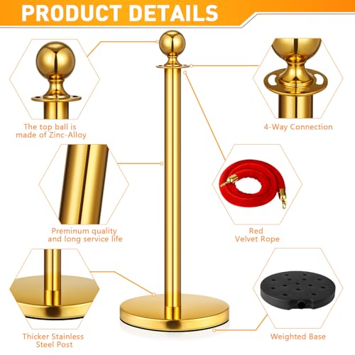 6 Pack Upgraded Stainless Steel Stanchions and Velvet Ropes 5FT Extended Red Carpet Ropes Poles Crowd Control Safety Barriers Set with Stable Base for Theaters Parties Wedding Exhibition (Gold)