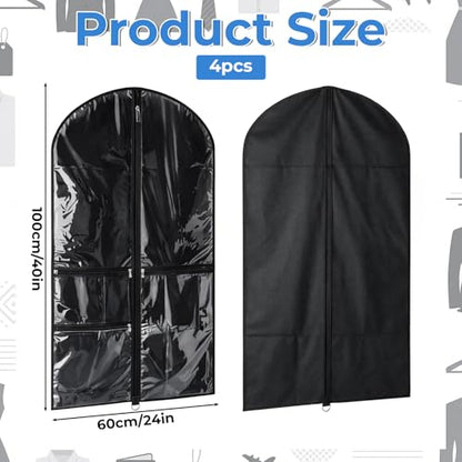 4 Pcs Garment Bags for Dance Costumes, 40 x 24 Inch Black PVC Garment Bag with 3 Zippers Pockets Foldable Costume Organizer Bag for Dance Competitions, Ballet, Theatre