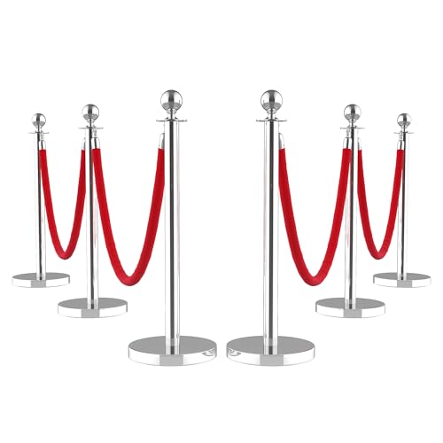 6Pcs Stanchions and Velvet Ropes, Silver Stanchions with Retractable Belts, Crowd Control Barriers with Hollow Base, Red Carpet Ropes and Posts for Event & Party Supplies