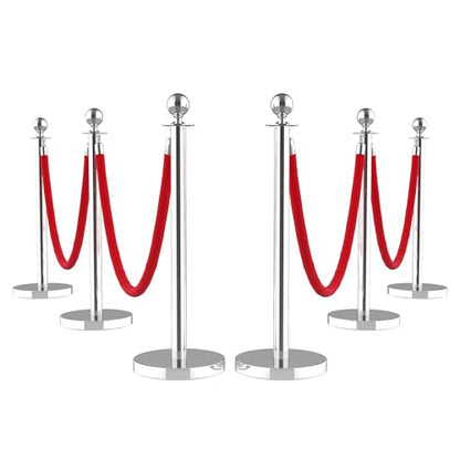 6Pcs Stanchions and Velvet Ropes, Silver Stanchions with Retractable Belts, Crowd Control Barriers with Hollow Base, Red Carpet Ropes and Posts for Event & Party Supplies