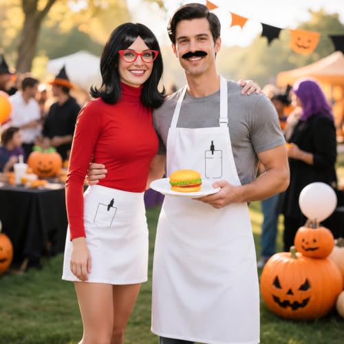 MOVINPE Burger Shop Couple Costume Set for Adults, Chef & Waitress Outfit with Aprons, Wig, Beard, Glasses & Hamburger Prop – Funny Restaurant-Themed Halloween Cosplay for Men & Women