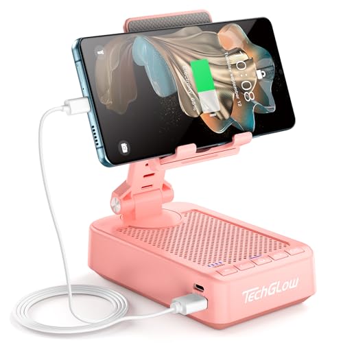 TechGlow Gifts for Men Women Foldable Cellphone Stand with Bluetooth Speaker and Charging Function 360° Rotatable Phone Stand Birthday Gift Idea for Mom Dad Cool Tech Gifts-Pink - color: Pink