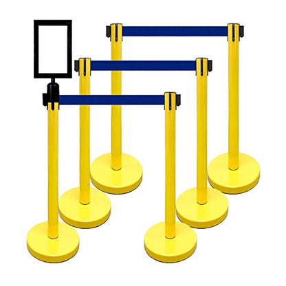Retractable Stanchion, 6 SPECIALTY Posts + Signframe, 36" Ht, 78" Special Event & Holiday Theme Belt + Bonus Replacement Cassettes + Wall Receiver (Yellow Post/Blue Belt) - color: Yellow Post/Blue Belt