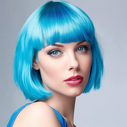 LIULIUBTY Short Bob Hair Wigs Straight with Flat Bangs Synthetic Colorful Cosplay Daily Party Neon Wig for Women + Free Wig Cap 15" Natural As Real - color: Blue