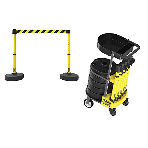 PL4008T Plus 75 ft Belt Barrier w/Cart Package & Tray | Mobile System, 5 Telescoping Stanchions, 15 ft Yellow/Black Diagonal Stripe Retractable Banners, Accessory Tray - style: Yellow/Black Diagonal Stripe