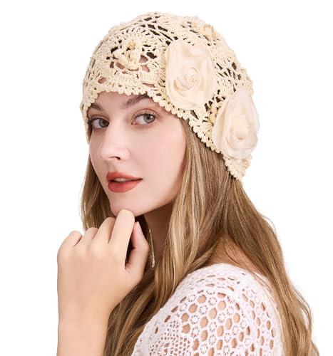 ZLYC Women Cotton Crochet Slouchy Beanie Hat Handmade Knit Summer Skull Cap | Lightweight breathable,boho casual chic look,travel photos festival party,café commute daily wear,beach concert gathering - color: Decorative Flowers Beige
