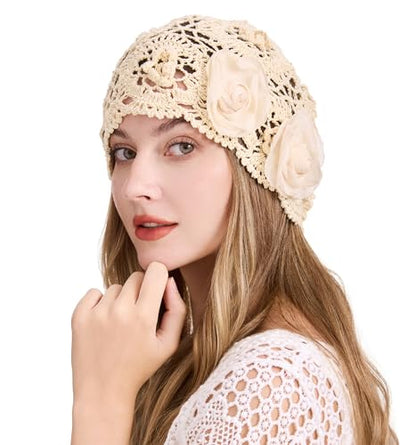 ZLYC Women Cotton Crochet Slouchy Beanie Hat Handmade Knit Summer Skull Cap | Lightweight breathable,boho casual chic look,travel photos festival party,café commute daily wear,beach concert gathering - color: Decorative Flowers Beige