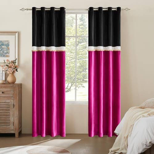 GIGIZAZA Boho 84 Inches Long Curtains 2 Panels for Living Room Black HotPink Farmhouse Velvet Elegant Window Blackout Curtain Drapes Lace Pom Pom Embroidered Curtains - color: Pom Pom/Black+hot Pink, size: 52"W x 84"L (Pack of 2)
