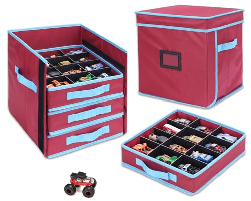 Monster Truck Storage Organizer, 4-Layer Trucks Storage Box with 48 Compartments,Fits 1:64 Monster Trucks, Toy Trucks & More – Foldable Toy Organizer with Drawers (Red) | Holds up to 48 monster trucks in 4 pull-out drawers. Foldable design keeps 1:64 toy