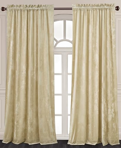 Chezmoi Collection Lux Beige Crushed Velvet Curtains 2 Panel Set - 84 inches Long Room Darkening Luxury Distressed Velvet Rod Pocket Window Drapes for Living Room Bedroom 50" W x 84" L - color: Beige