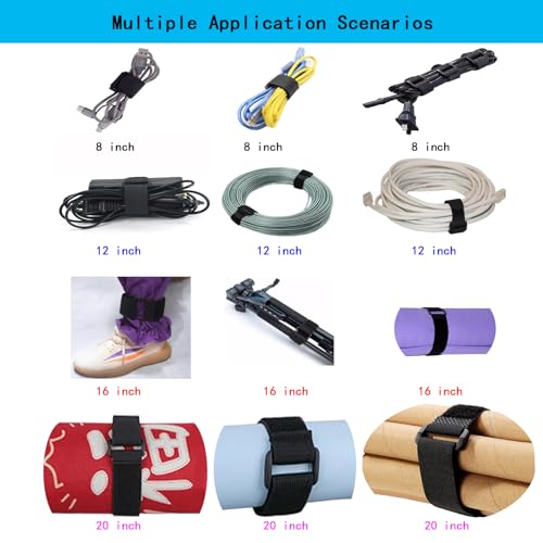 24 Pack (8"-12"-16"-20") Reusable Fastening Cable Straps,Cinch Straps | Adjustable Multi-Purpose Hook and Loop Straps with Buckle,Nylon Cable Ties,Cord Ties Organized Tidy for Wire Cable Management - size: (8-12-16-20) x 1'' (Black)