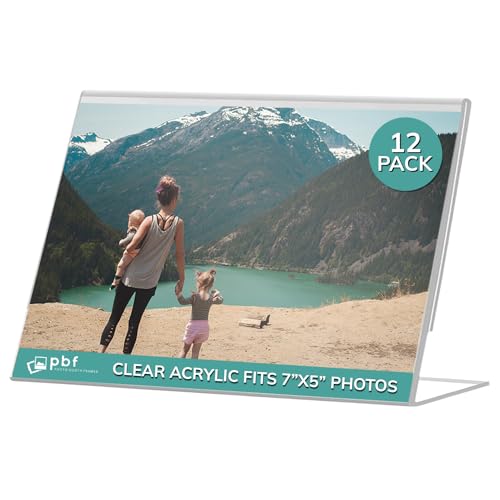 pbf 7x5 Acrylic Sign Holder | 7 x 5 Horizontal Stand Up Slanted Sign Holder | Acrylic Stands for Display | Clear Picture Frame, Menu Table Top Stand, Plastic Flyer Holder (12-Pack) - size: 12