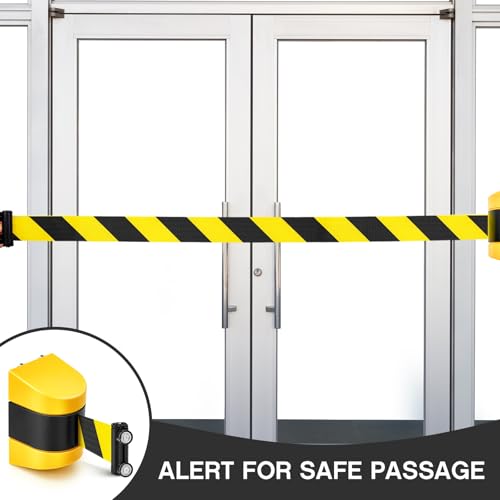 Barydat 1 Pcs 16.4 ft Magnetic Retractable Belt Barrier(Black Yellow Rope) | Crowd Control Safety Belt, Yellow ABS Case, Grocery Retail Store Stadium School, Easy to Install with Strong Suction Power - color: Yellow, size: Black Yellow Rope