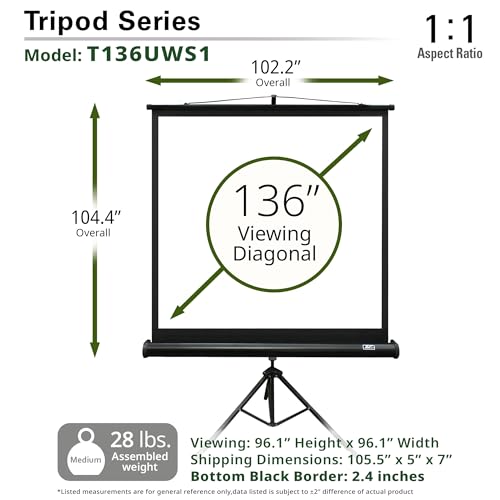 Elite Screens Tripod, 136-Inch 1:1 Portable Projector Screen with Stand– MaxWhite 2, 1.1 Gain, Adjustable Indoor Outdoor Pull Up Projection Screen for Home Theater, Office & Classroom, T136UWS1, Black - size: 136-inch/ 1:1