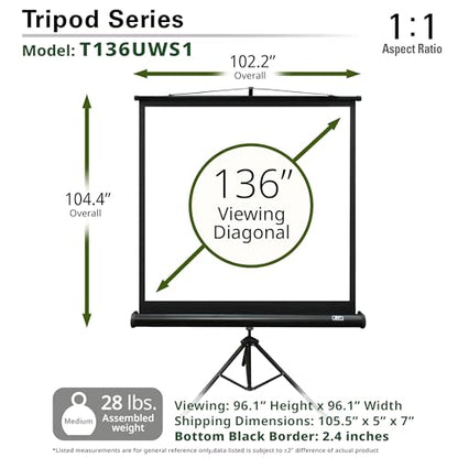 Elite Screens Tripod, 136-Inch 1:1 Portable Projector Screen with Stand– MaxWhite 2, 1.1 Gain, Adjustable Indoor Outdoor Pull Up Projection Screen for Home Theater, Office & Classroom, T136UWS1, Black - size: 136-inch/ 1:1