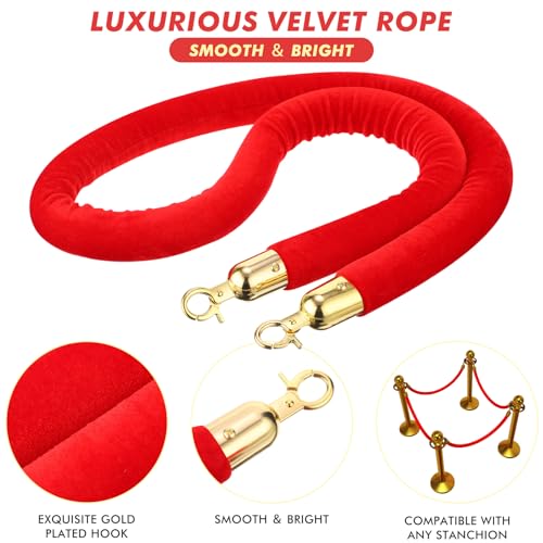 Woanger 6 Pack 5 Feet Velvet Stanchion Rope Crowd Control, Red | Crowd Control Barrier for Red Carpet Events, Theaters, Hotels, Grand Openings, Queue Management with Gold Plated Hooks - color: Red, size: 5 Feet