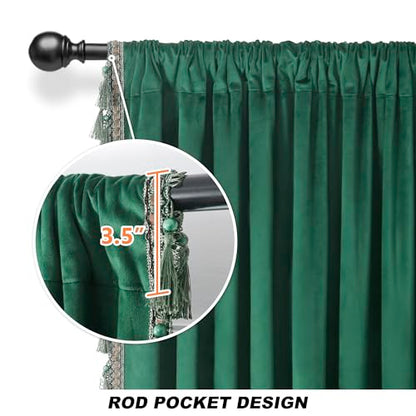 Dark Green Blackout Velvet Curtains 72 inch Length Windows Rod Pocket Drapes with Tassels Soundproof Thermal Curtains for Living room 2 Panels Set 52" x 72" | Velvet Drapes with Tassels, Thermal Soundproof Blackout Curtains for Living Room - color: Dark G