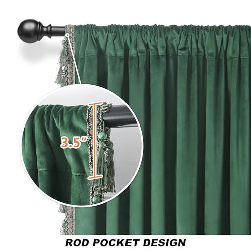 Fazhesici Green Velvet Blackout Curtains, Rod Pocket 2 Panels, 52”W x 90”H | Velvet Drapes with Tassels, Thermal Soundproof Blackout Curtains for Living Room - color: Dark Green, size: 52"W x 90"L (Pack of 2)