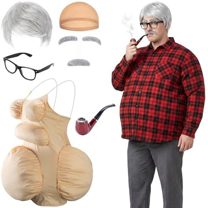 7 Pcs Halloween Fat Old Man Costume, Fake Belly and Chest Fat Suit
