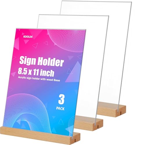 KOOLDE 3 Pack 8.5x11 Acrylic Sign Holder with Wood Base, L/T Shape Vertical & Slant Back Double Display Stand, Clear Table Menu Holders for Wedding, Restaurant, Office, Home & Hotel Decor - size: 8.5x11