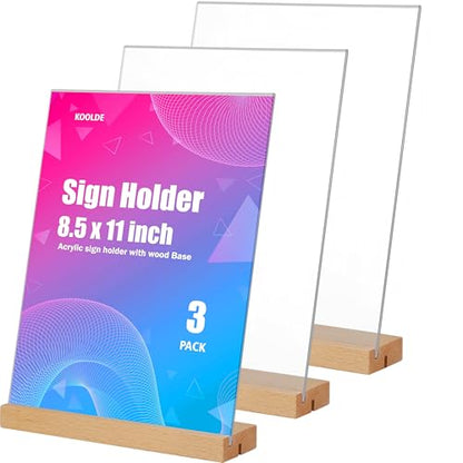 KOOLDE 3 Pack 8.5x11 Acrylic Sign Holder with Wood Base, L/T Shape Vertical & Slant Back Double Display Stand, Clear Table Menu Holders for Wedding, Restaurant, Office, Home & Hotel Decor - size: 8.5x11
