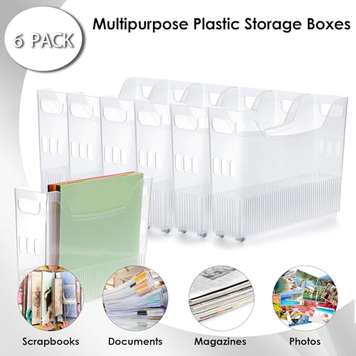 BTSKY 6 Pack Scrapbook Paper Storage Box with Wheels, Plastic Storage Organizer for 12" x 12" Scrapbook Papers, Portable File Organizer with Built-in Handle, Functional Magazine Holder Paper Rack