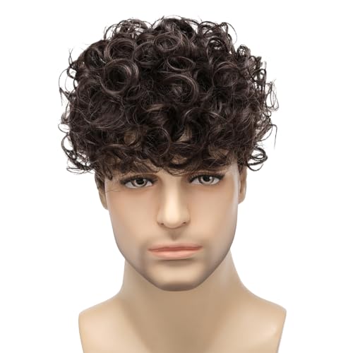 Mens Curly Wigs Dack Brown Short Wig,Synthetic Heat Resistant Costume Wig Mens Daily Cosplay Party Halloween - color: C-Brown