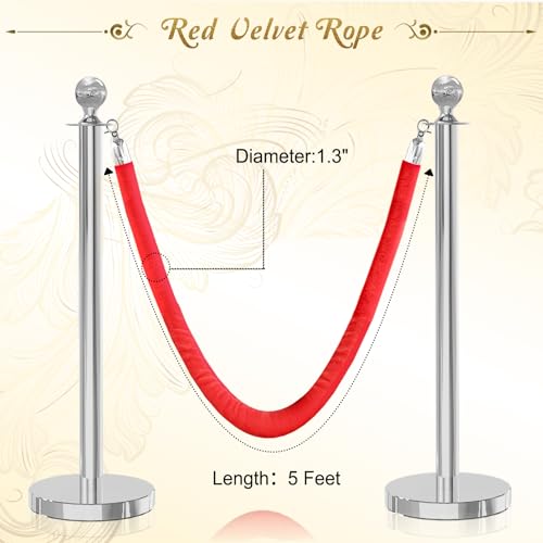 2PCS Red Velvet Stanchion Rope 5 Ft Crowd Control Ropes Barrier with Silver Hooks for Party - color: Red&Silver, size: 2PCS