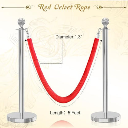 2PCS Red Velvet Stanchion Rope 5 Ft Crowd Control Ropes Barrier with Silver Hooks for Party - color: Red&Silver, size: 2PCS