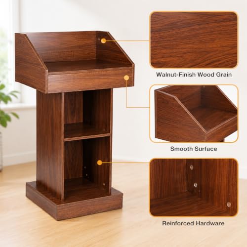 Wood Podium, Floor Standing Podium Speaking Lectern Stand, Portable Podium Stand with Storage, Wooden Podium Pulpit for Churches Classroom Office - size: Without Wheels