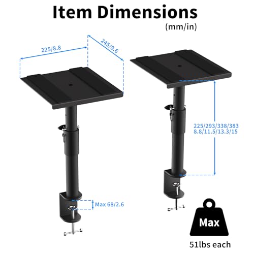 suptek Clamp-on Speaker Stand Desk Mount Set, Height Adjustment, Swivel, 9.6 x 8.8 inch Trays, Universal Audio Holders for Bookshelf Speakers, Elevated Sound, 2 Pack, Black, SDM001G - size: Fixed Speaker Stands