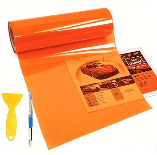 12” X 48” Tint Vinyl Film Sticker Sheet Roll for Car Headlight, Tail Lights, Fog Lights with Squeegee + Cutter (Neon Orange) - color: Neon Orange