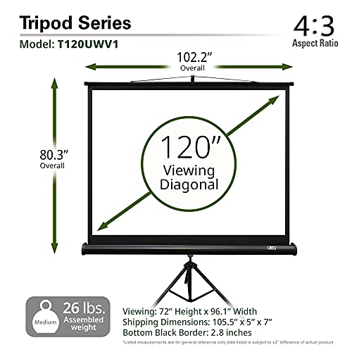 Elite Screens Tripod, 120-Inch 4:3 Portable Projector Screen with Stand– MaxWhite 2, 1.1 Gain, Adjustable Indoor Outdoor Pull Up Projection Screen for Home Theater, Office & Classroom, T120UWV1, Black - size: 120-inch/ 4:3
