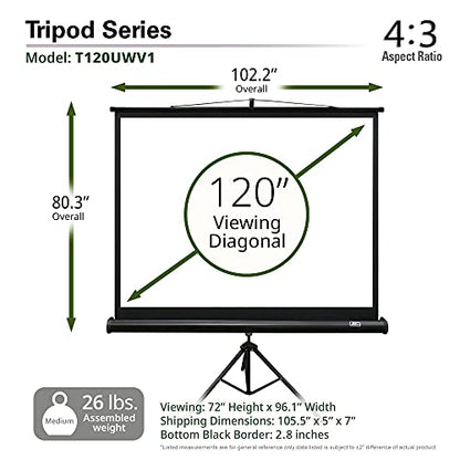 Elite Screens Tripod, 120-Inch 4:3 Portable Projector Screen with Stand– MaxWhite 2, 1.1 Gain, Adjustable Indoor Outdoor Pull Up Projection Screen for Home Theater, Office & Classroom, T120UWV1, Black - size: 120-inch/ 4:3